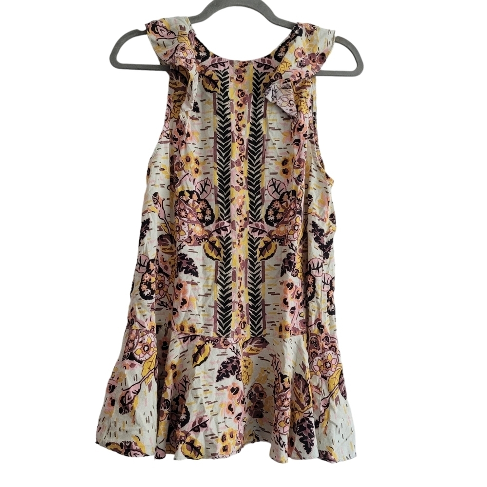 Free People XS Summer in Tulum Linen Floral Sleeveless Tunic Tank Mini Dress